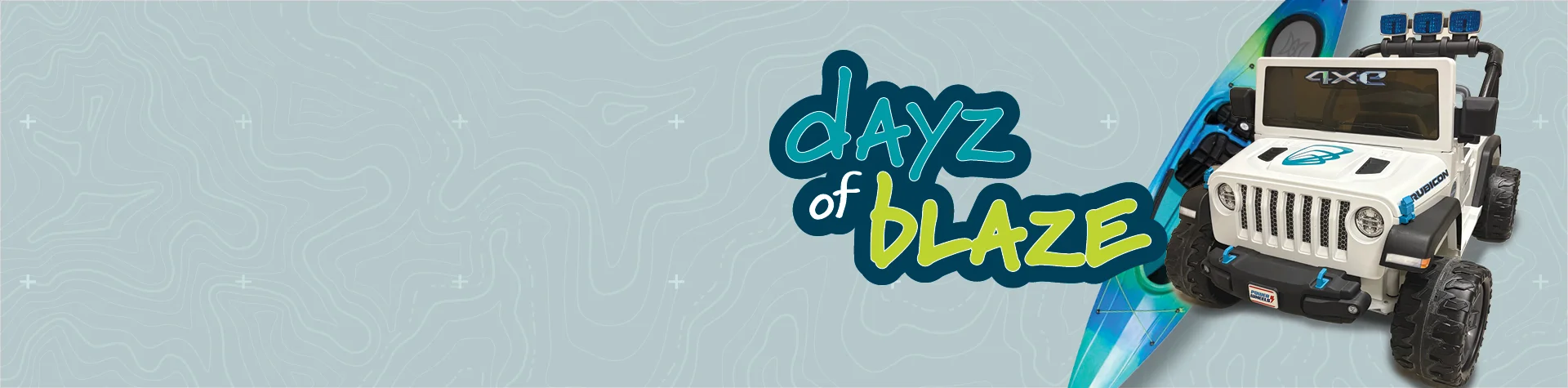 Topo map with kayak, mini jeeps, and the title of dayz of blaze