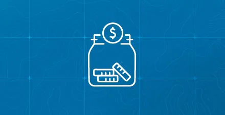 Jar filled with coins and a dollar sign icon on blue background.