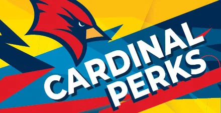 Cardinal Perks logo with red cardinal head on bold yellow and blue background.