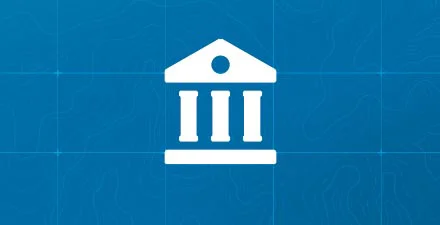 Bank building icon with three pillars on blue background, representing financial institutions or savings.