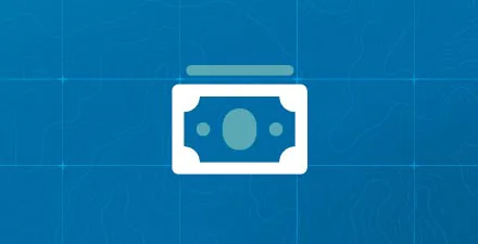 Dollar bill icon with halo on blue background, representing charitable giving or donations.