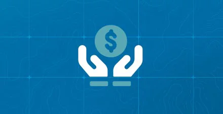 Two hands holding a dollar coin icon on a blue background, representing financial support or assistance.