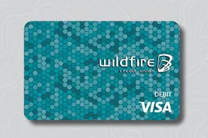 Teal hexagon pattern Wildfire Credit Union debit Visa card.