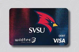 SVSU-themed Wildfire Credit Union debit Visa card with cardinal logo.