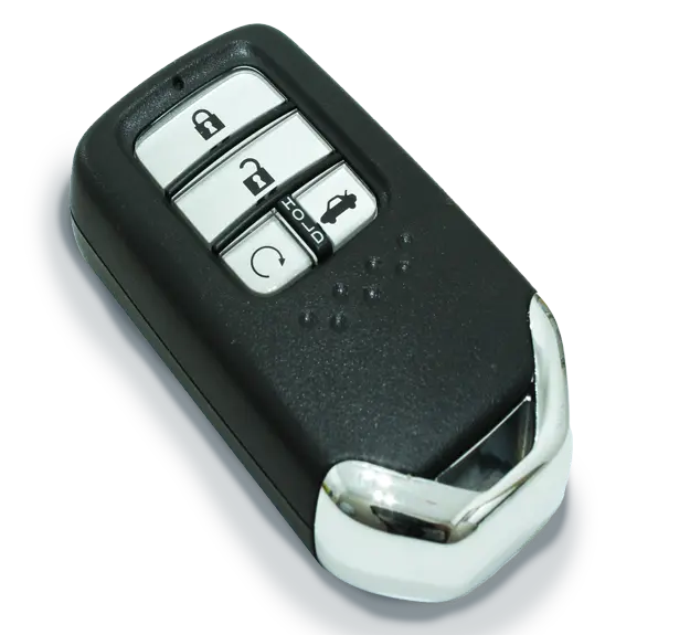 Black car key fob with lock, unlock, and trunk buttons on a white background.