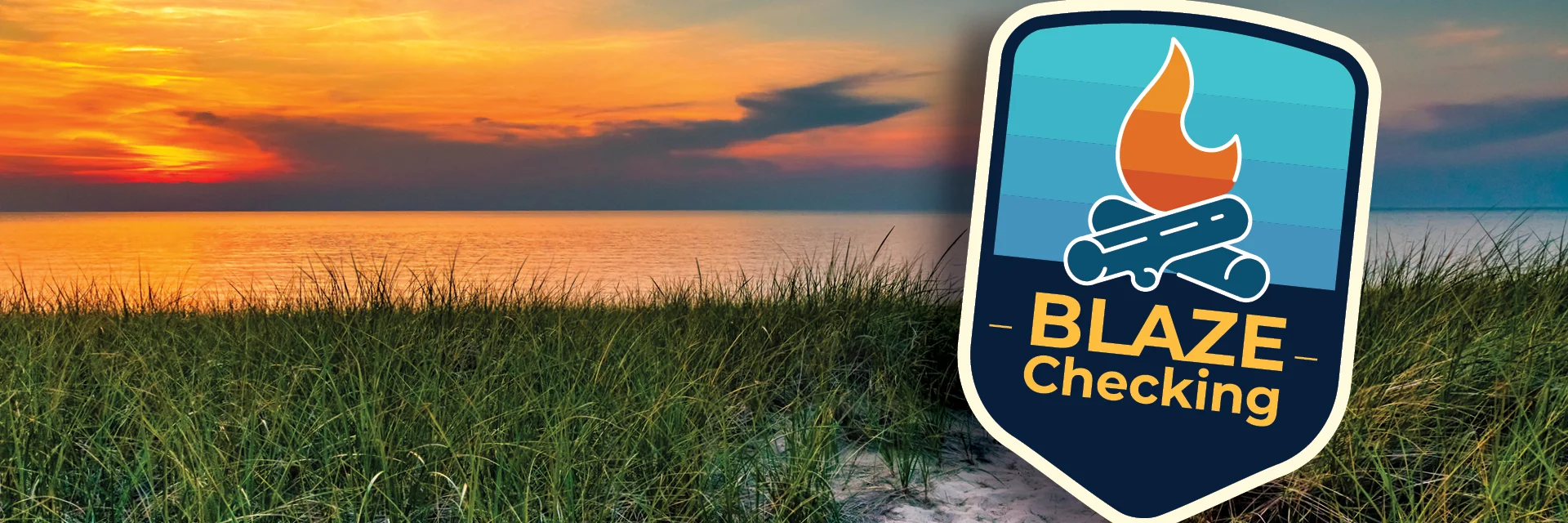 Blaze Checking badge with campfire icon on grassy beach sunset background.