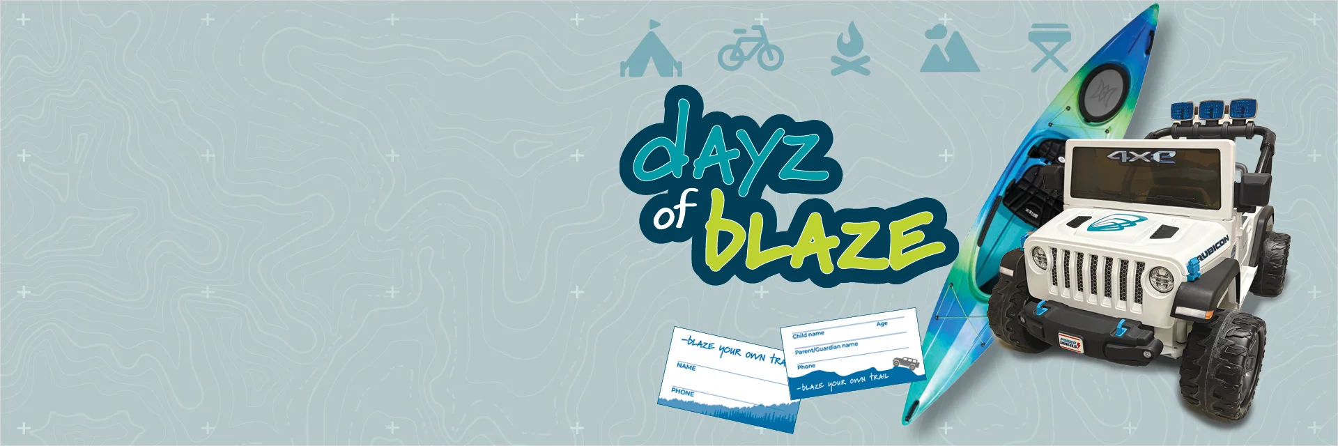 Jeep Power wheels and Kayak on a light blue topo background with register cards and nature icons.