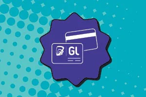 Graphic of two ID cards on a purple badge with a teal dotted background.