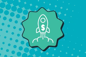 Illustration of a rocket with a dollar sign launching upward, set against a teal background with polka dots and star patterns.