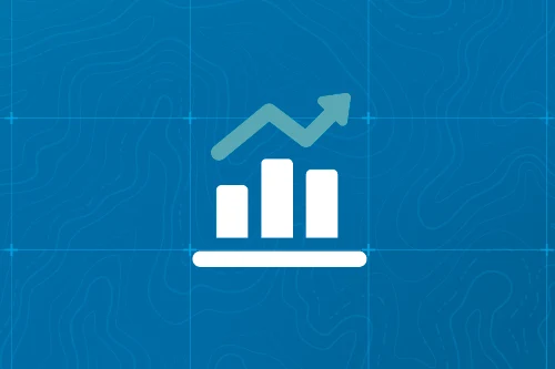 White upward-trending bar chart with arrow on a blue background featuring subtle topographic map lines.