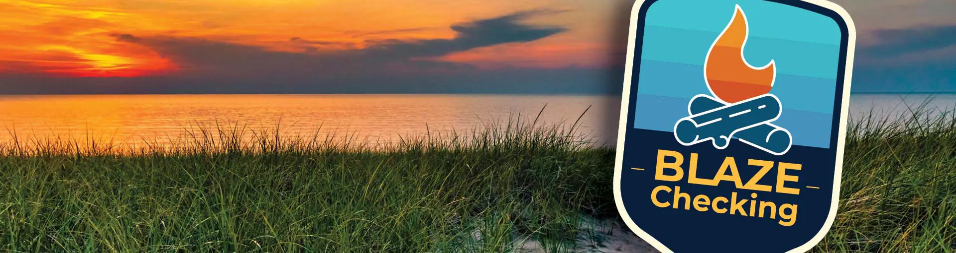 Blaze Checking badge with campfire icon on grassy beach sunset background.
