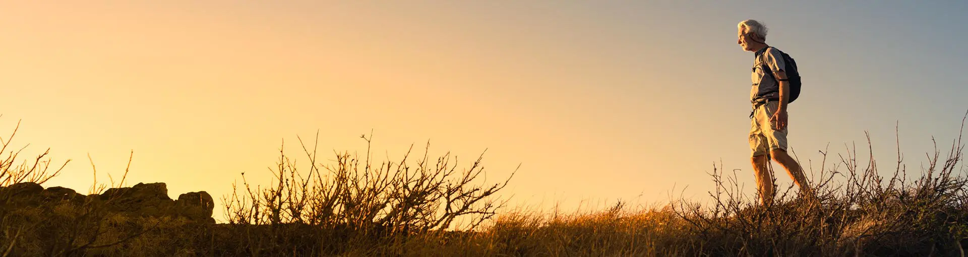 Elderly man hiking through dry brush at sunset with a backpack.