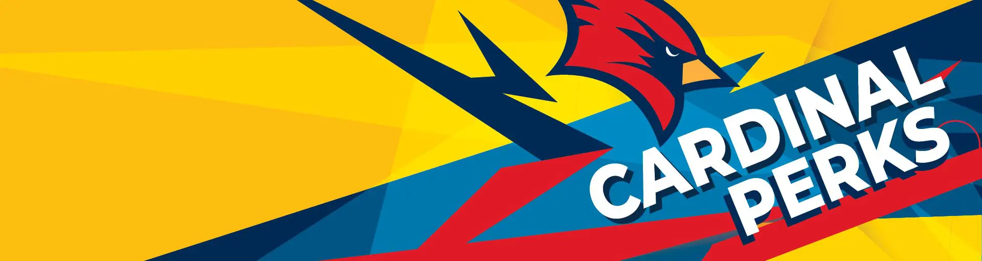 Wide Cardinal Perks banner with red cardinal head on yellow, blue, and red abstract background.