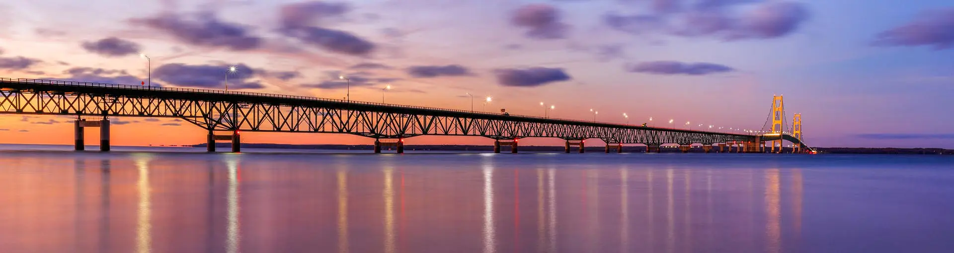 Mackinac Bridge at sunset with glowing lights reflecting on calm water and colorful sky.
