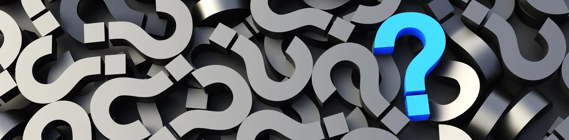 A group of gray 3D question marks with one bright blue question mark standing out in the center.