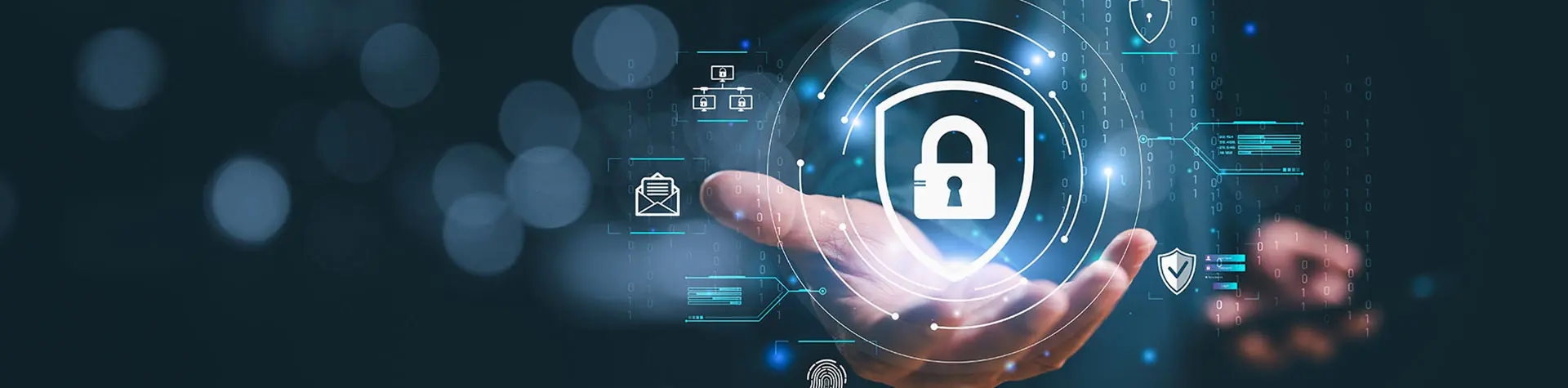 A hand holds a glowing digital lock icon surrounded by cybersecurity graphics, symbolizing data protection and secure technology systems.